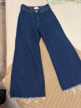 Anthropologie Dark Blue Wide-Leg Frayed Hem Jeans